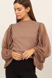 HYFVE Ruched Sheer Long Sleeve Mock Neck Blouse